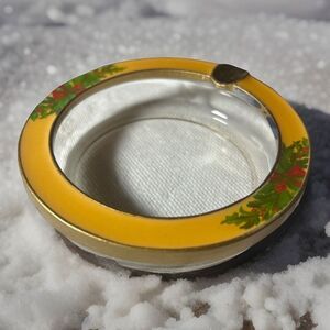 Vintage Personal Ashtray Enamel Glass & Metal Collectible Christmas Holly Berry